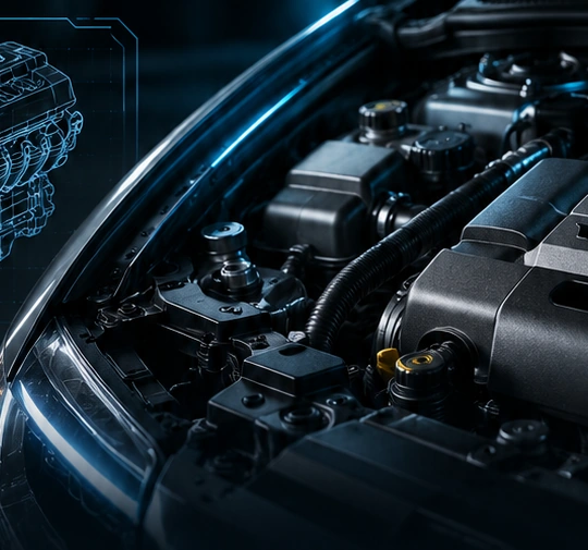 Realistic premium engine bay with subtle blue technical illumination